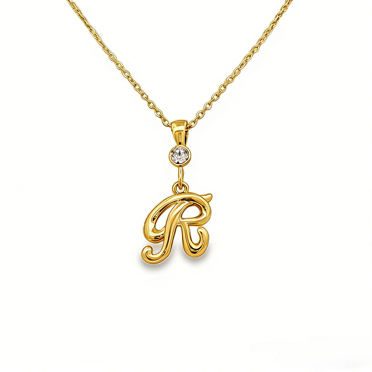 Gold letter R initial pendant for personalized birthstone necklace