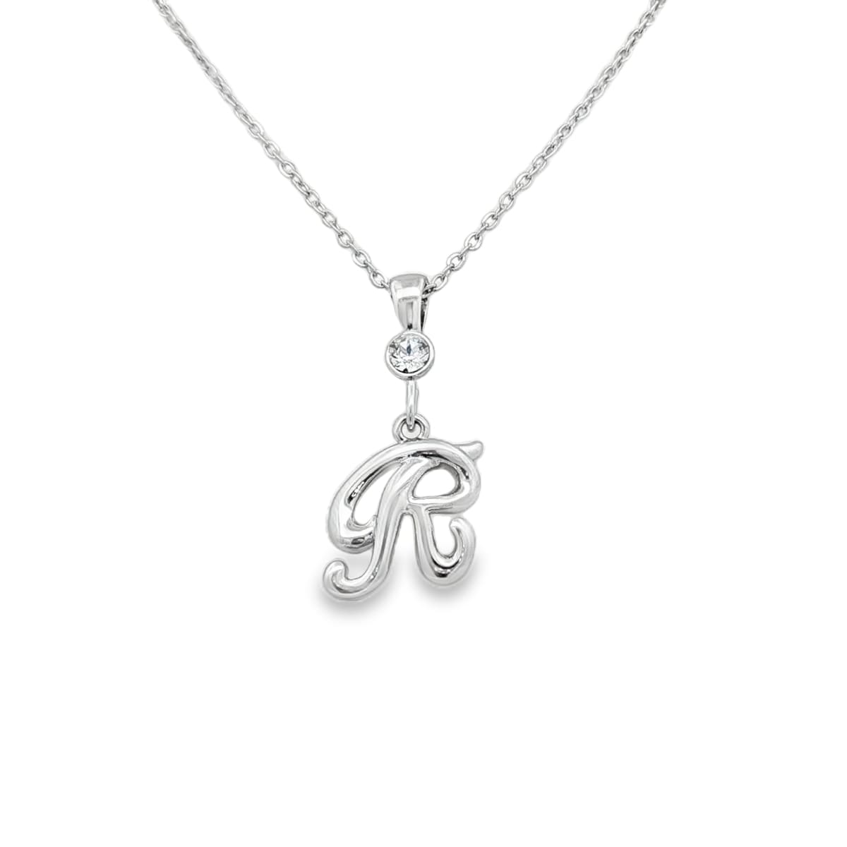 Silver letter R initial pendant for personalized birthstone necklace